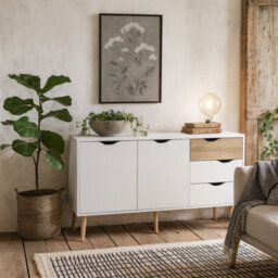 Wyld Haus Sapporo Large Sideboard In White And Natural Oak - 3 Drawers, 2 Doors - thumbnail 1