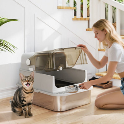 Pawhut Xxl Stainless Steel Litter Tray, Enclosed Cat Litter Box W/ Cover - image 1