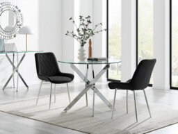 Furniturebox Uk Novara 100Cm Round  Dining Table And 2 Black Pesaro Silver Leg Chairs