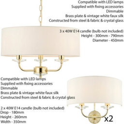 3 Bulb Ceiling Pendant Lamp & 2X Matching Twin Wall Light Modern Brass Plate - thumbnail 2