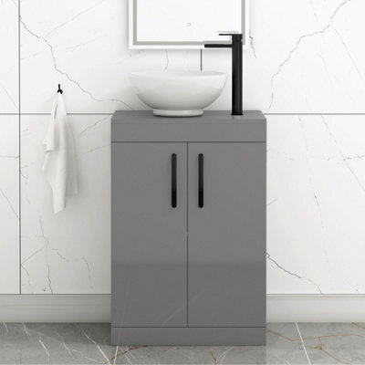 Royal Bathrooms 600mm Floor Standing Vanity Unit 2 Door Indigo Grey Gloss & Countertop Basin - Breeze With Matt Black Handle - image 1