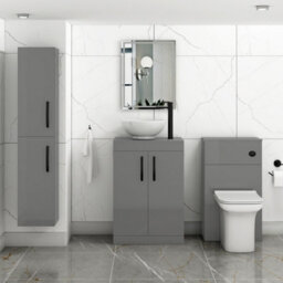 Royal Bathrooms 600mm Floor Standing Vanity Unit 2 Door Indigo Grey Gloss & Countertop Basin - Breeze With Matt Black Handle - thumbnail 2