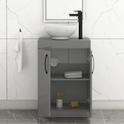 Royal Bathrooms 600mm Floor Standing Vanity Unit 2 Door Indigo Grey Gloss & Countertop Basin - Breeze With Matt Black Handle - thumbnail 3