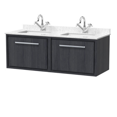 Hudson Reed Wall Hung 1200mm Vanity & Double Marble Underslung Basins, Graphite Grey Woodgrain, 1220X470X509mm - image 1