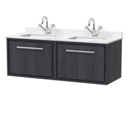 Hudson Reed Wall Hung 1200mm Vanity & Double Marble Underslung Basins, Graphite Grey Woodgrain, 1220X470X509mm - thumbnail 2