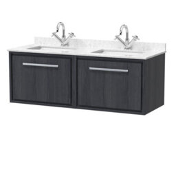 Hudson Reed Wall Hung 1200mm Vanity & Double Marble Underslung Basins, Graphite Grey Woodgrain, 1220X470X509mm - thumbnail 1