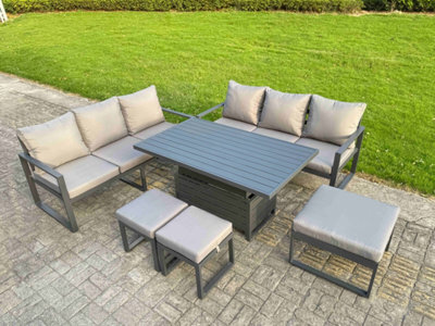 Fimous 6 Pieces Garden Furniture Set Aluminium Adjustable Rising Lifting Dining Table And Sofa Set With 3 Footstools Dark Grey - image 1