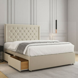 REGIONAL FURNISHINGS Divan Bed Set Cream Plush Velvet Upholstered 24Inch Headboard & Mattress No Drawers In Single Double King 4Ft 6Ft Sizes - thumbnail 1
