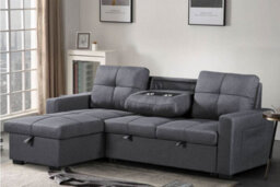 SquareBoxx Naples Corner L Shape 3 Seater Sofa Bed With Reversible Chaise And Drop Down Cup Holder Table - Dark Grey