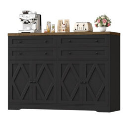 Black Sideboard, Kitchen Cabinet With 4 Drawers And 4 Doors,modern Kitchen Cupboard - thumbnail 1