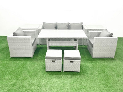 Fimous Garden Dining Set Outdoor Rattan Furniture Set Sofa Dining Table 2 Chairs 2 Small Stools 2 Side Table Light Grey - image 1