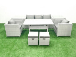 Fimous Garden Dining Set Outdoor Rattan Furniture Set Sofa Dining Table 2 Chairs 2 Small Stools 2 Side Table Light Grey - thumbnail 2
