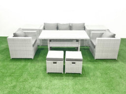 Fimous Garden Dining Set Outdoor Rattan Furniture Set Sofa Dining Table 2 Chairs 2 Small Stools 2 Side Table Light Grey - thumbnail 1
