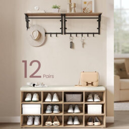 Songmics Vasagle Shoe Storage, Padded Bench With Adjustable Multi-Level Shelving, Camel Brown
