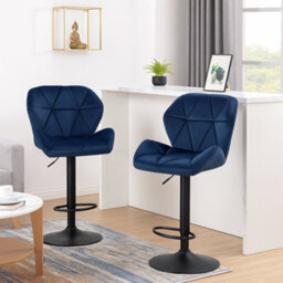 Modcraft Set Of 2 Velvet Blue Bar Stools , Adjustable Swivel Dining Chairs With Footrest & Black Steel