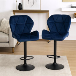 Modcraft Set Of 2 Velvet Blue Bar Stools , Adjustable Swivel Dining Chairs With Footrest & Black Steel - thumbnail 4