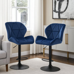 Modcraft Set Of 2 Velvet Blue Bar Stools , Adjustable Swivel Dining Chairs With Footrest & Black Steel - thumbnail 6