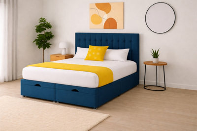 Comfy Deluxe 2Ft6 Small Single Blue Plush Florence Ottoman Lift Open Storage Bed Set Headboard With Mattress