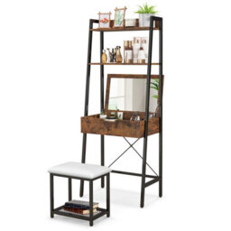 Costway 3 In 1 Vanity Dressing Table Set Book Storage Shelf Ladder Desk Cushioned Stool - thumbnail 2