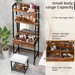Costway 3 In 1 Vanity Dressing Table Set Book Storage Shelf Ladder Desk Cushioned Stool - thumbnail 6
