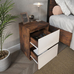 Urbn-Living Urbnliving 49Cm Height Glossy 2 Drawers Bedside Cabinet Chest Of Drawers With Smooth Metal Runner Rustic Brown & White - thumbnail 3
