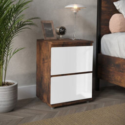 Urbn-Living Urbnliving 49Cm Height Glossy 2 Drawers Bedside Cabinet Chest Of Drawers With Smooth Metal Runner Rustic Brown & White - thumbnail 4