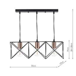 DAR Midi 3 Light Bar Pendant Black & Bright Copper Detail - thumbnail 4