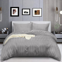 Ameha Grey Striped Microfibre Bedding Set Double, Reversible & Breathable Duvet Cover, Fitted Sheet & Pillowcases - thumbnail 4