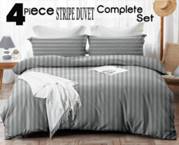 Ameha Grey Striped Microfibre Bedding Set Double, Reversible & Breathable Duvet Cover, Fitted Sheet & Pillowcases