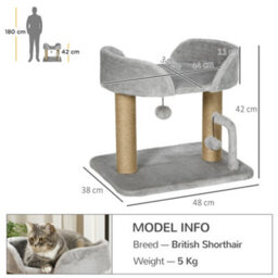 Pawhut Cat Tree Tower Scratcher With Bed For Indoor Cats, Light Grey - thumbnail 3
