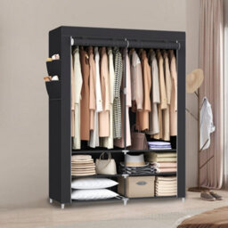 Ledrem Non-Woven Fabric Clothes Wardrobe With 2 Hanging Rails And Shelves 127 X 45 X 176 Cm Black - thumbnail 1