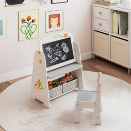 Costway Kids Art Easel And Chair Set Wooden Toddler Activity Table-Grey - thumbnail 3