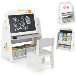 Costway Kids Art Easel And Chair Set Wooden Toddler Activity Table-Grey - thumbnail 1