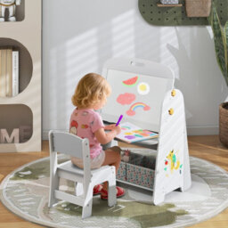 Costway Kids Art Easel And Chair Set Wooden Toddler Activity Table-Grey - thumbnail 5