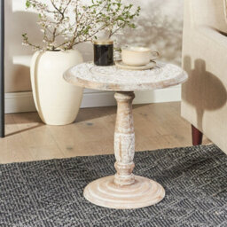 Wyld And Coco Co Round Side Table 45Cm, Handcrafted Mango Wood, Distressed Off-White Carved Pattern - thumbnail 2