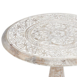 Wyld And Coco Co Round Side Table 45Cm, Handcrafted Mango Wood, Distressed Off-White Carved Pattern - thumbnail 3