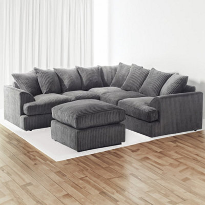 Sofa Scene Kingsize Symmetrical Corner Sofa Grey Jumbo Cord Sofa Suite With Footstool - image 1