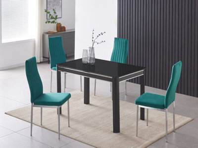 Furnizone UK Milano 4-Seater Black Glass Dining Table And 4 Monza Green Velvet Chairs - image 1