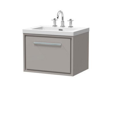 Balterley Longnor Modern Bathroom 1 Soft Close Drawer Wall Hung Vanity Unit Fireclay Basin, Pebble Grey, 600mm - image 1