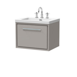 Balterley Longnor Modern Bathroom 1 Soft Close Drawer Wall Hung Vanity Unit Fireclay Basin, Pebble Grey, 600mm - thumbnail 1