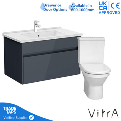 Vitra 800mm Wall Hung Bathroom Vanity Unit With 1 Drawer Includes Basin, Chrome Tap And Close Coupled Toilet Set - Grey Gloss - image 1