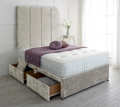 "Adore Designs Stafford Crushed Velvet Divan Bed, With Pocket Mattress & 36"" Headboard - 3Ft Single - Cream - 0 Drawers" - image 1