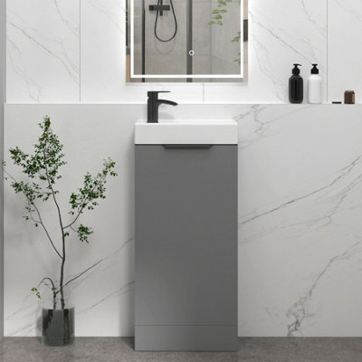 Royal Bathrooms Royal Bathroom Como 400mm Floor Standing Cloakroom Vanity Unit Ceramic Basin Sink 1 Door Indigo Grey Gloss With Matt Black Handle - image 1
