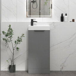 Royal Bathrooms Royal Bathroom Como 400mm Floor Standing Cloakroom Vanity Unit Ceramic Basin Sink 1 Door Indigo Grey Gloss With Matt Black Handle - thumbnail 1