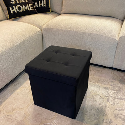 Home Luxe Interiors Black Square Foldable Brushed Velvet Storage Box Pouffe Seat Ottoman - image 1