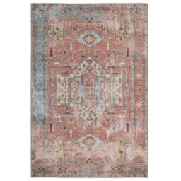 Loomed Distressed Terracotta Blue Persian Style Washable Non Slip Rug 60X110Cm - thumbnail 1