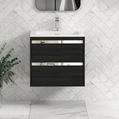 Royal Bathrooms Orion 600mm Wall Hung Bathroom Vanity Unit 2 Drawer Hale Black With Matt Stone Basin & Chrome Accent Trim - image 1