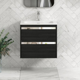 Royal Bathrooms Orion 600mm Wall Hung Bathroom Vanity Unit 2 Drawer Hale Black With Matt Stone Basin & Chrome Accent Trim - thumbnail 1