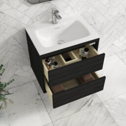 Royal Bathrooms Orion 600mm Wall Hung Bathroom Vanity Unit 2 Drawer Hale Black With Matt Stone Basin & Chrome Accent Trim - thumbnail 5