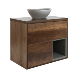 Homestylestore Dark Oak 800mm Wall Hung Bathroom Vanity Unit Oval Pebble Countertop Basin Open Shelf - thumbnail 1